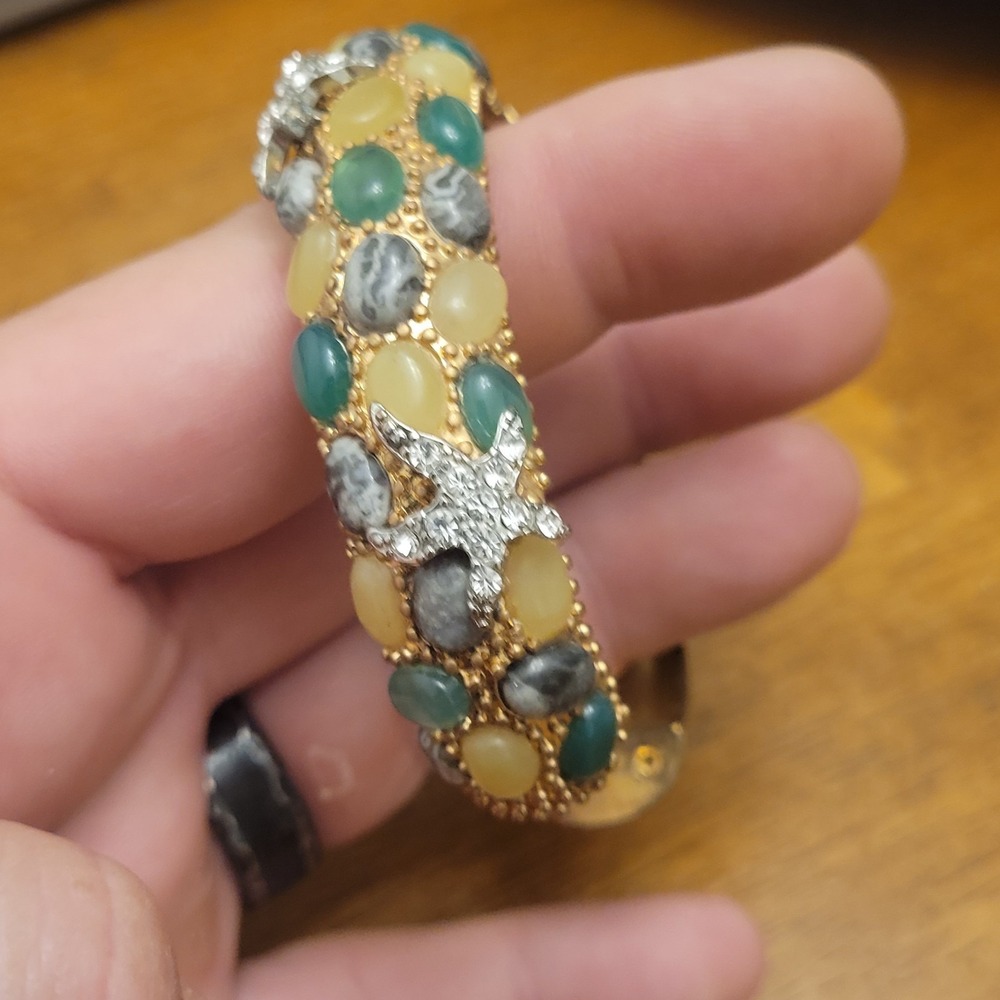 Vintage Gold Tone Cabochon Bracelet Rhinestone Starfish Beach Jewelry Cabo